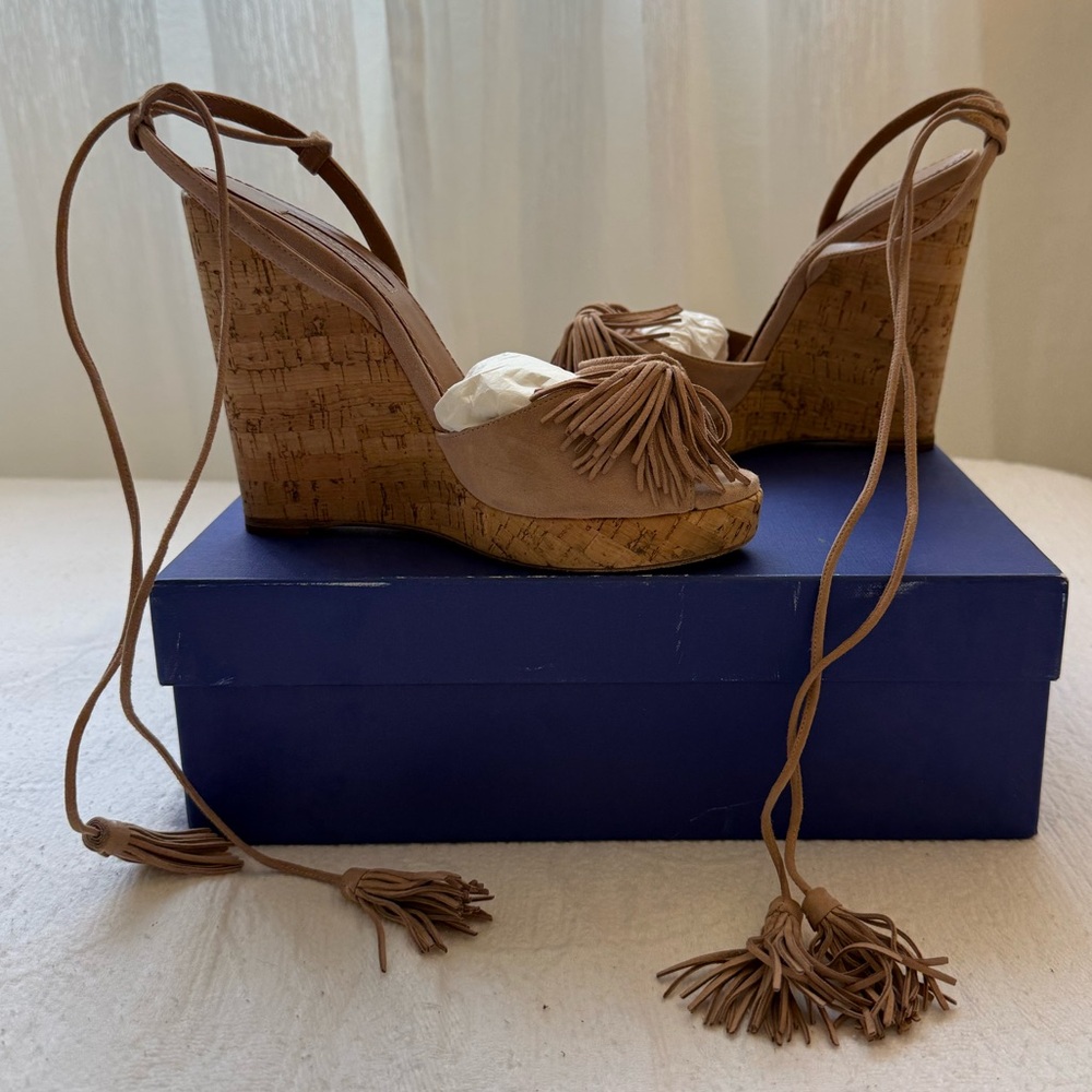 Aquazzura Wild One Wedge Sandals with Tassels Nude-Tan /VintagePink Color Size37 - Picture 8 of 11